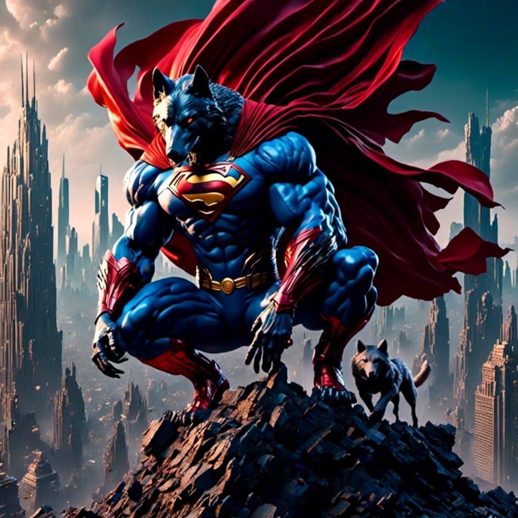 Anthropomorphic Wolf as Superman in Cityscape