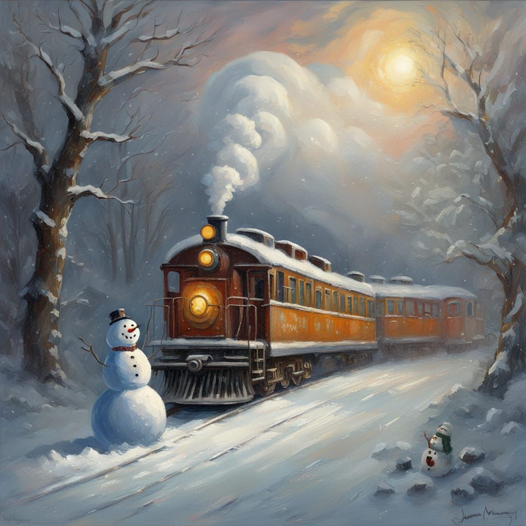 Whimsical Winter Train Journey with Snowman