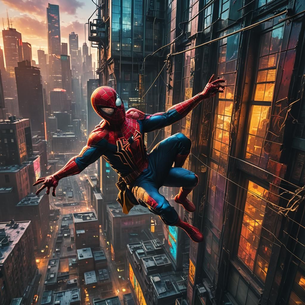 Spiderman Swings Through Cyberpunk Cityscape