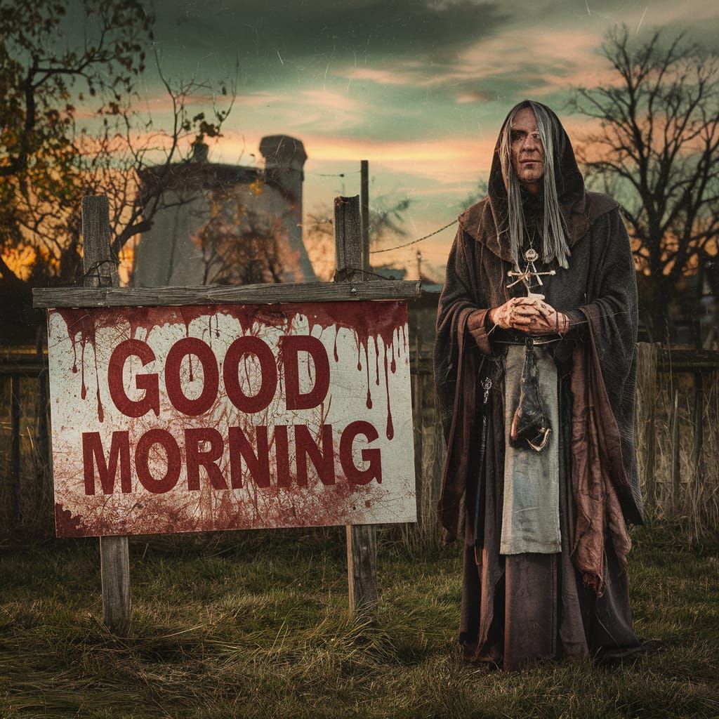 Occultist Beside Bloody 'Good Morning' Sign