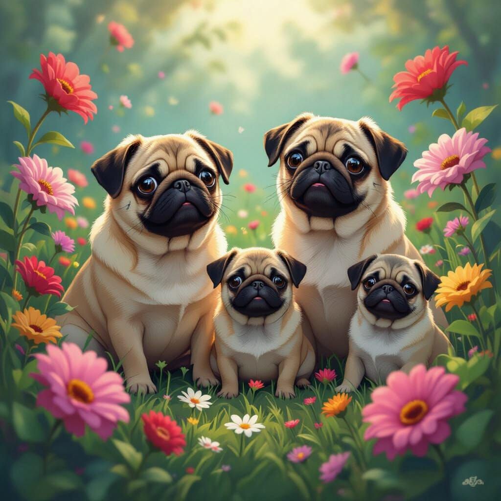 Pugs in a Whimsical Garden, Fantastical Realism