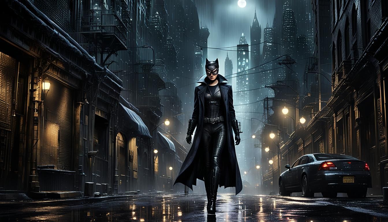 Catwoman in Gotham: Cyberpunk Gothic Digital Art