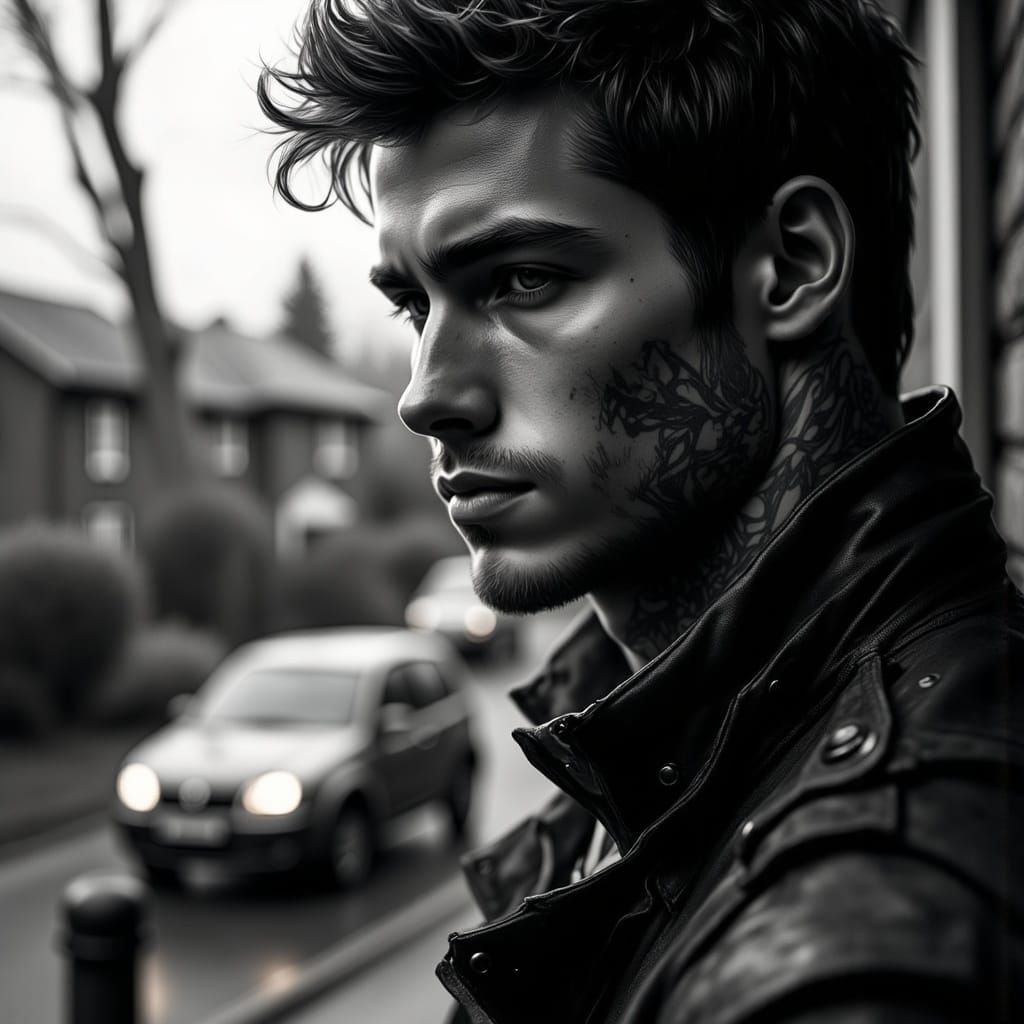 Tall Young Man with Tattoos Stares Out into the Rainy Distan...