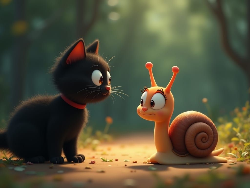 Curious Snail and Black Cat Cartoon