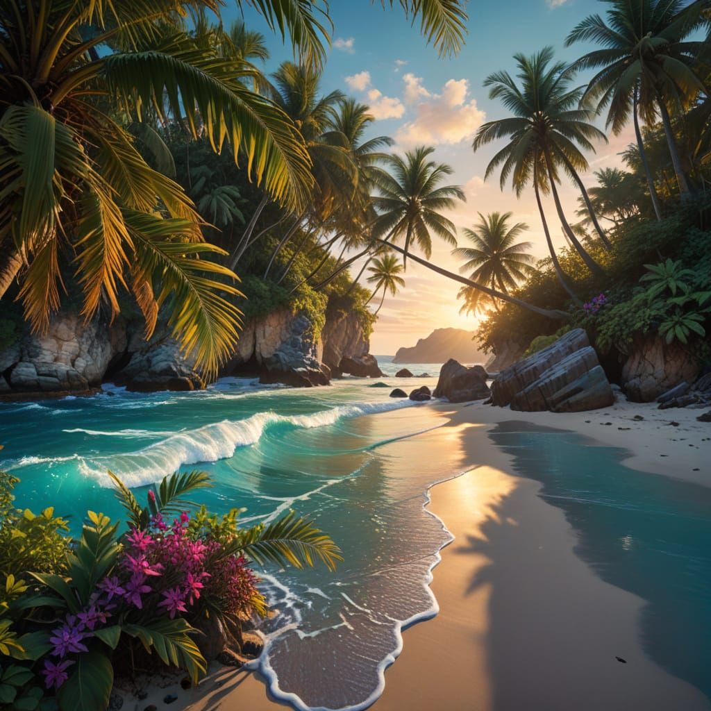 Serene Tropical Paradise with Palm Trees and Turquoise Water