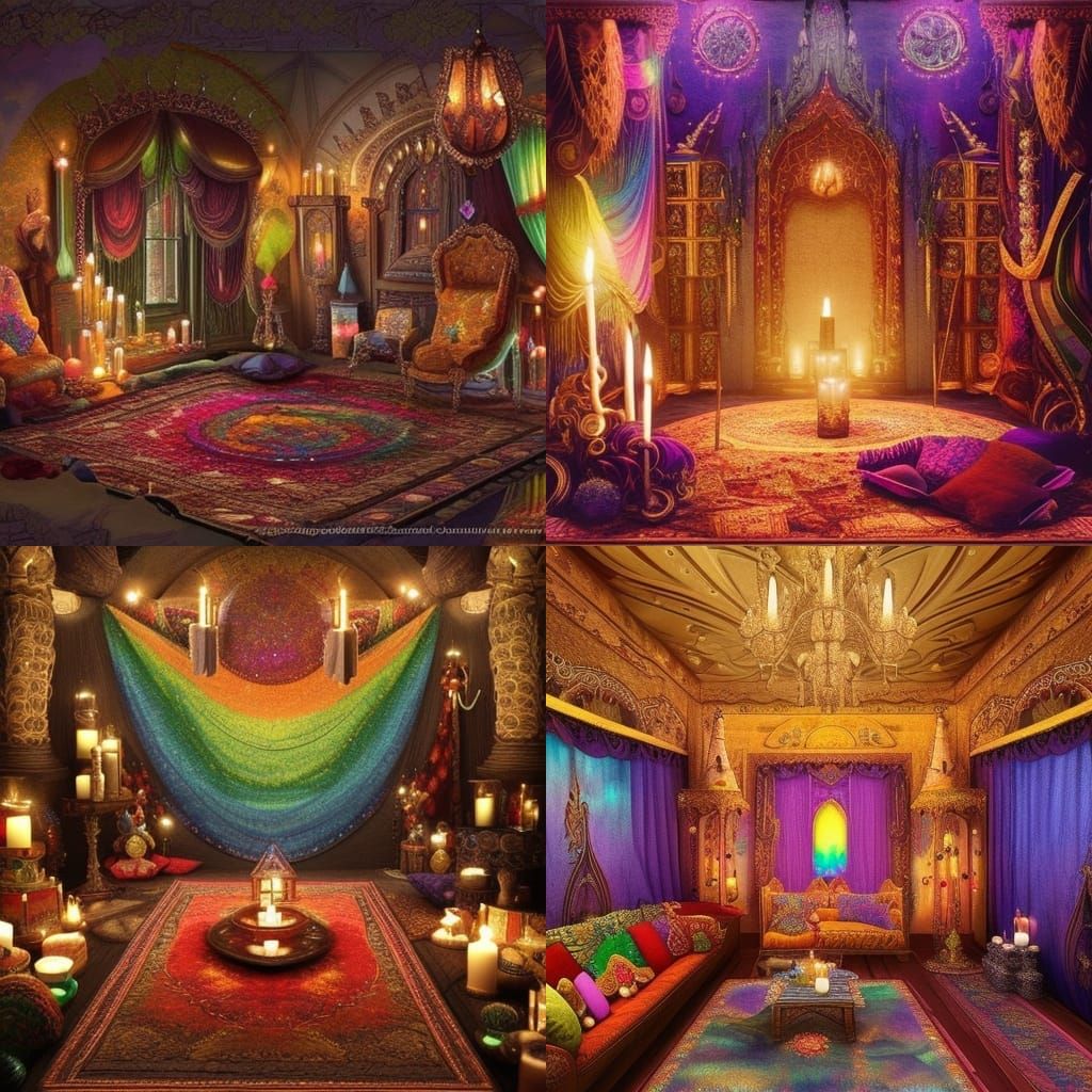 Rainbow Wiccan living room with lots of crystals and gemstones and candles and tapestries and Beautiful rugs