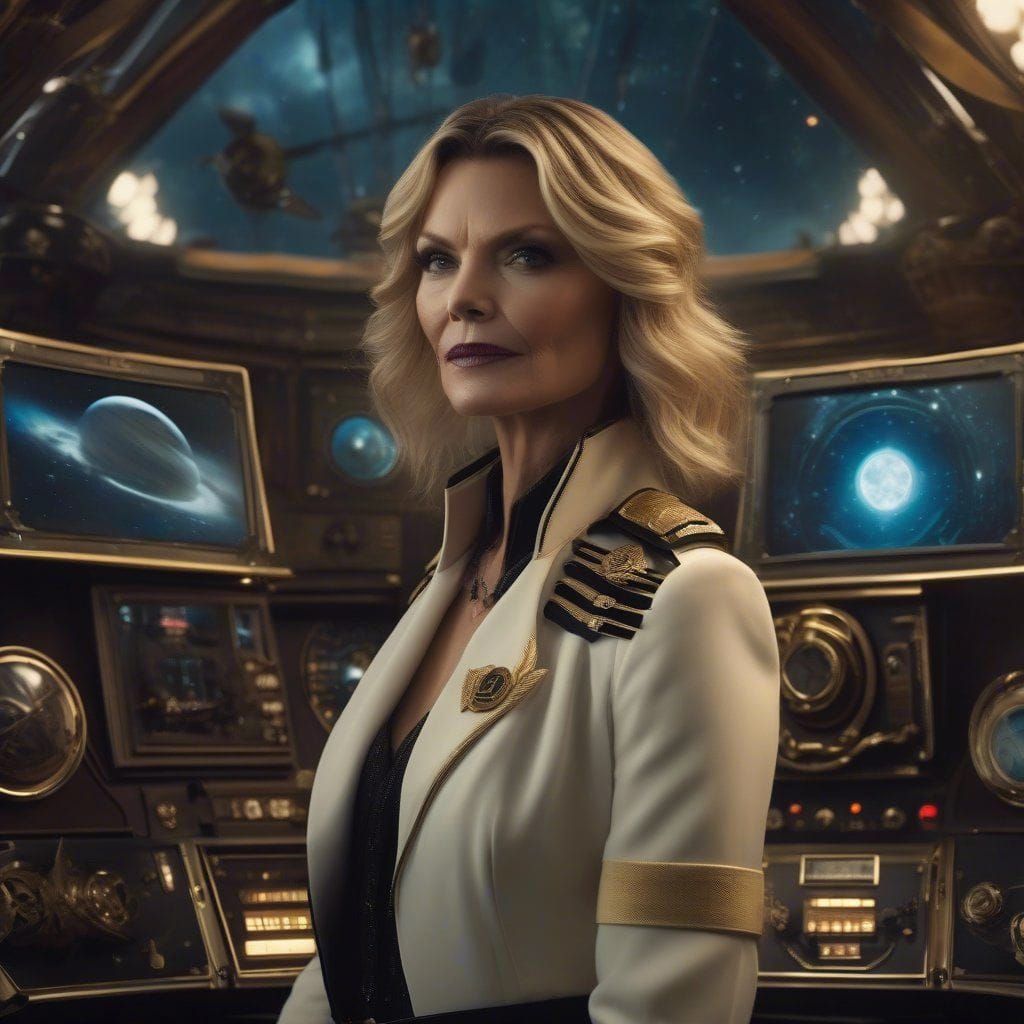 Portrait of Michelle Pfeiffer as space pirate Bo-Katan kryze from disney movie "Pirates of the space".  Intricate _detai...