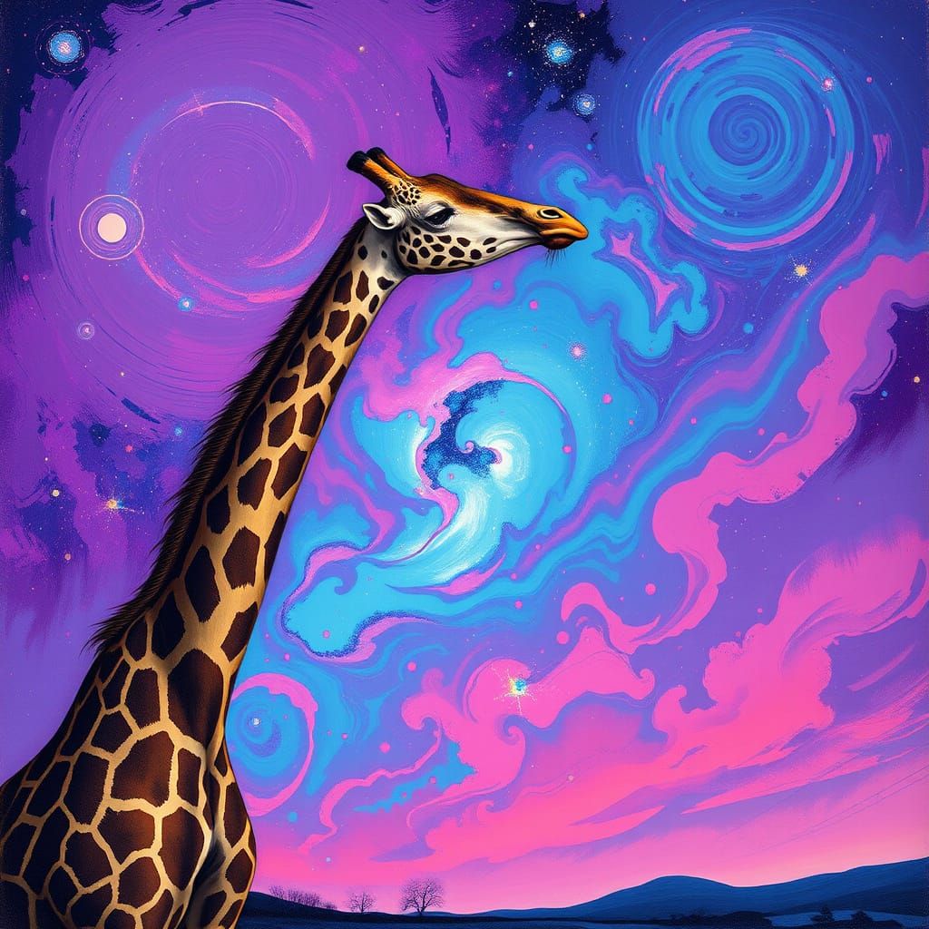 Giraffe Amidst Cosmic Nebula in Impressionistic Style