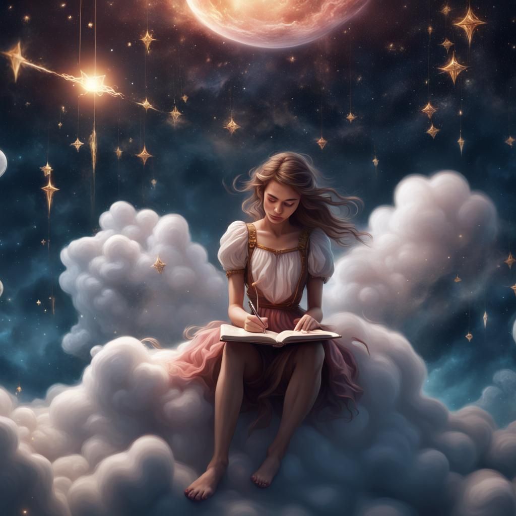 Girl Writing Book on Cloud in Starry Sky