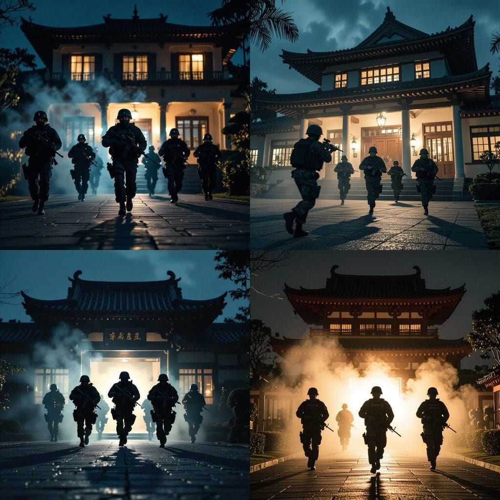 Japanese-Style Diplomatic Residence at Night with Armed Sold...