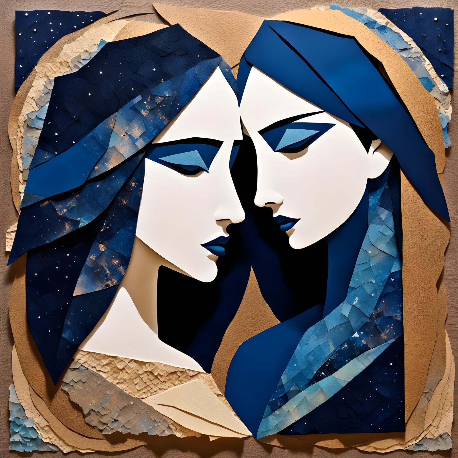 Neocubist Papercraft Collage Portrait of Lesbian Couple