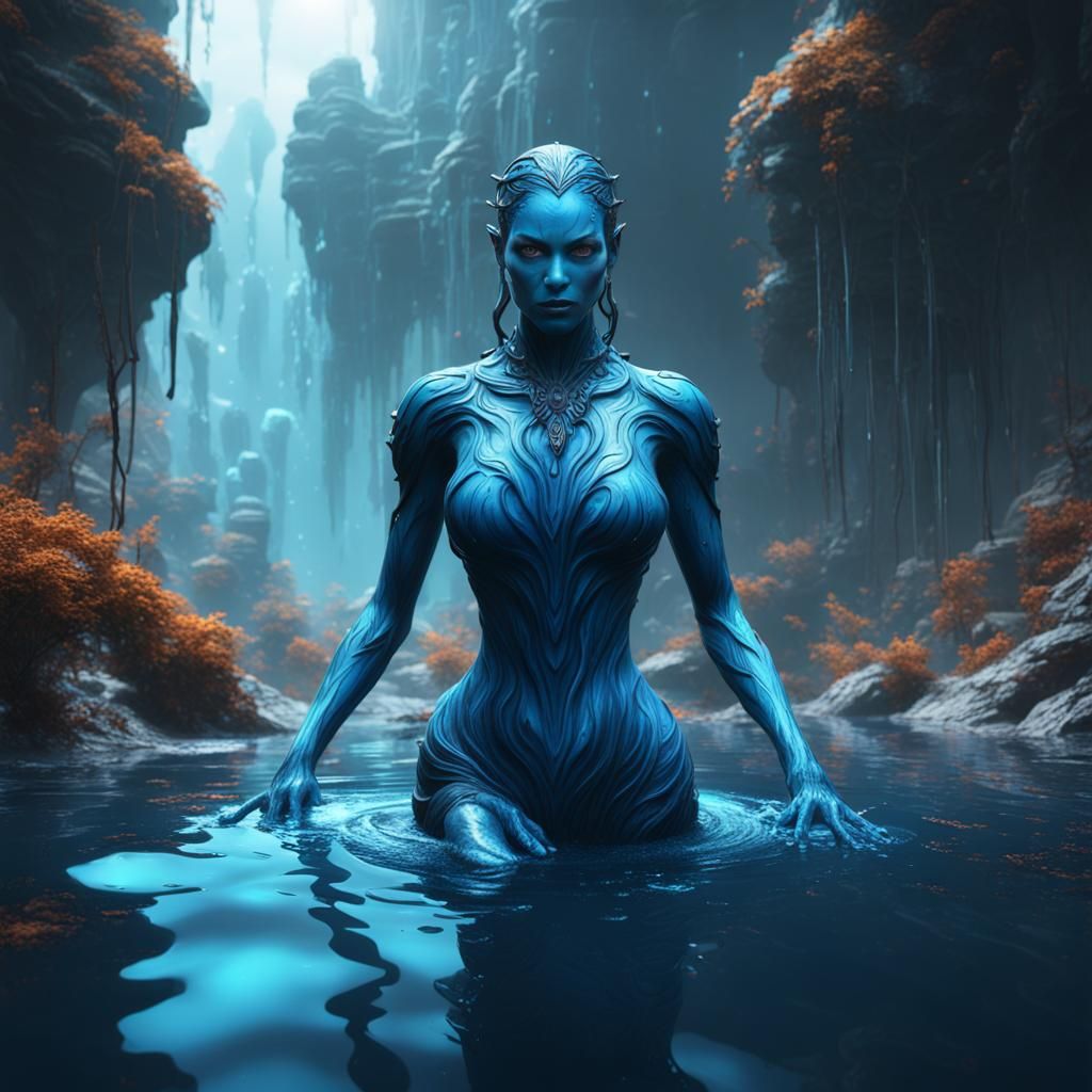 Blue Water Slime Woman in Detailed Digital Art