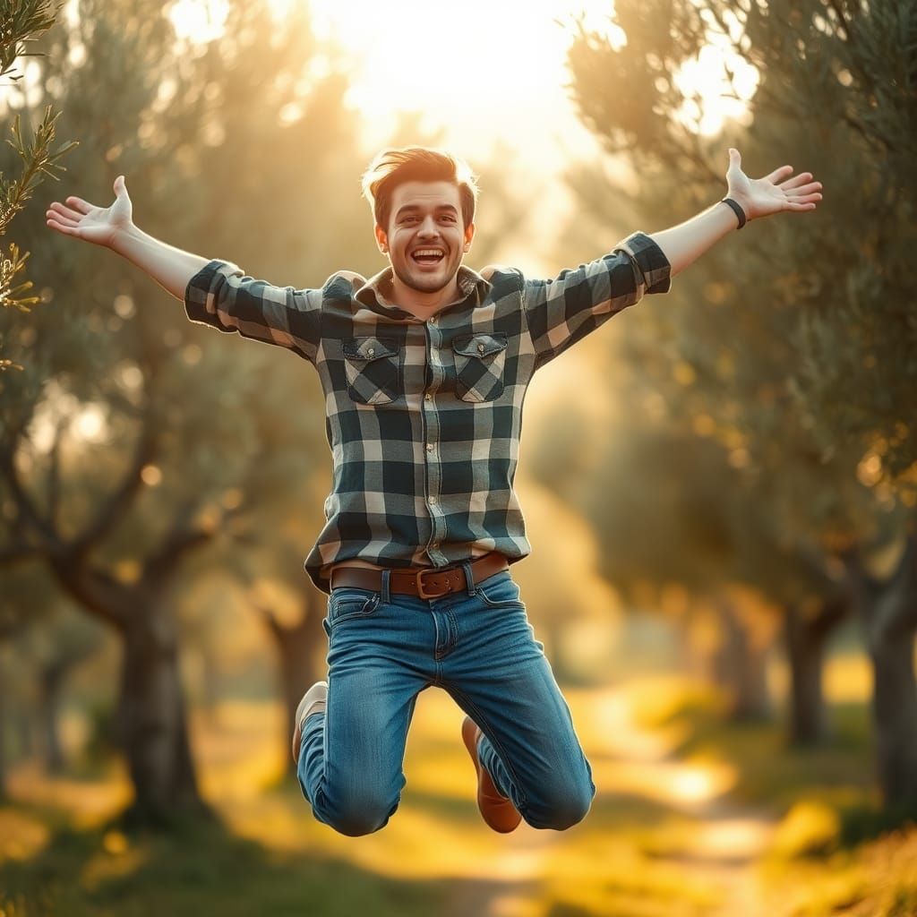 Joyful Man Jumps in Mediterranean Landscape, Soft Focus