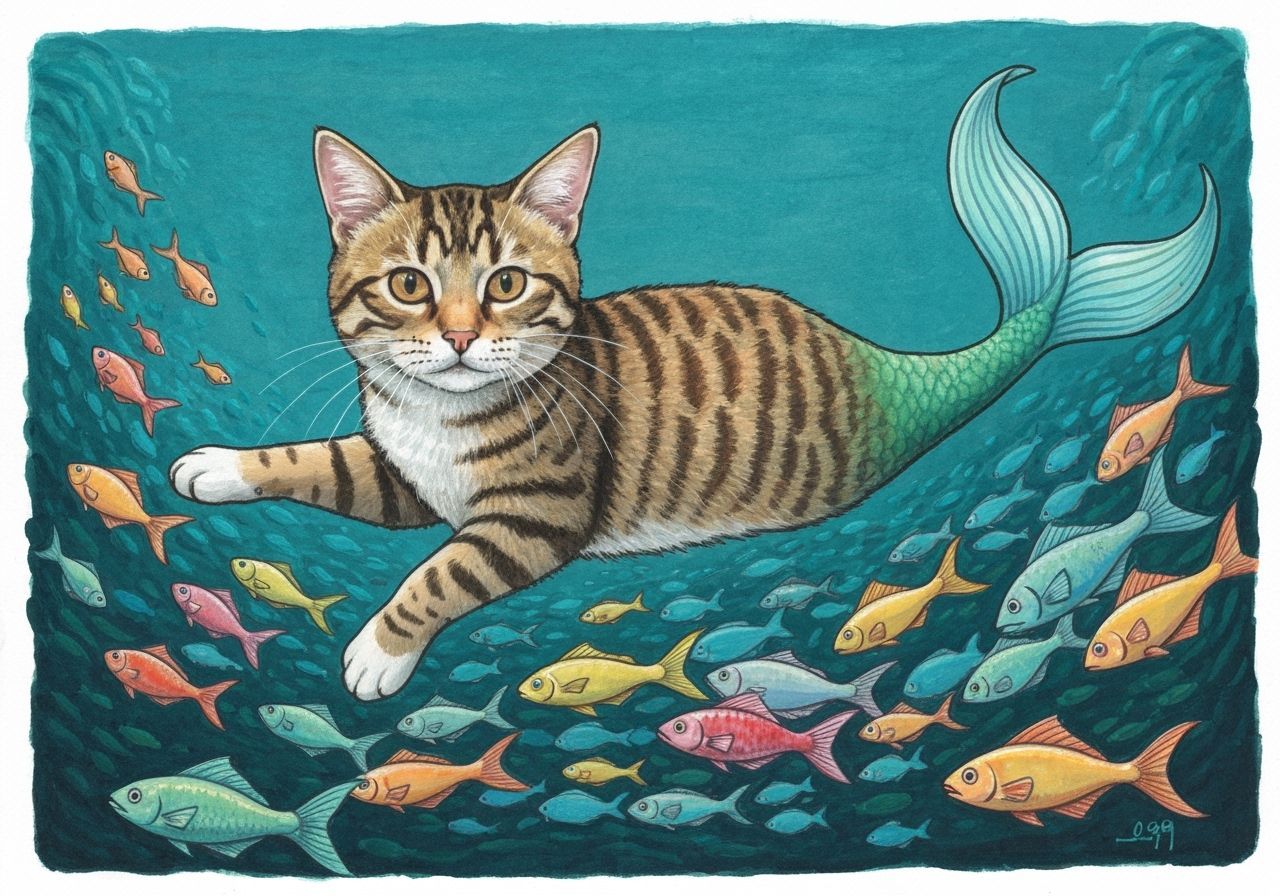 A mercat with the head and forepaws of a tabby cat and the t...