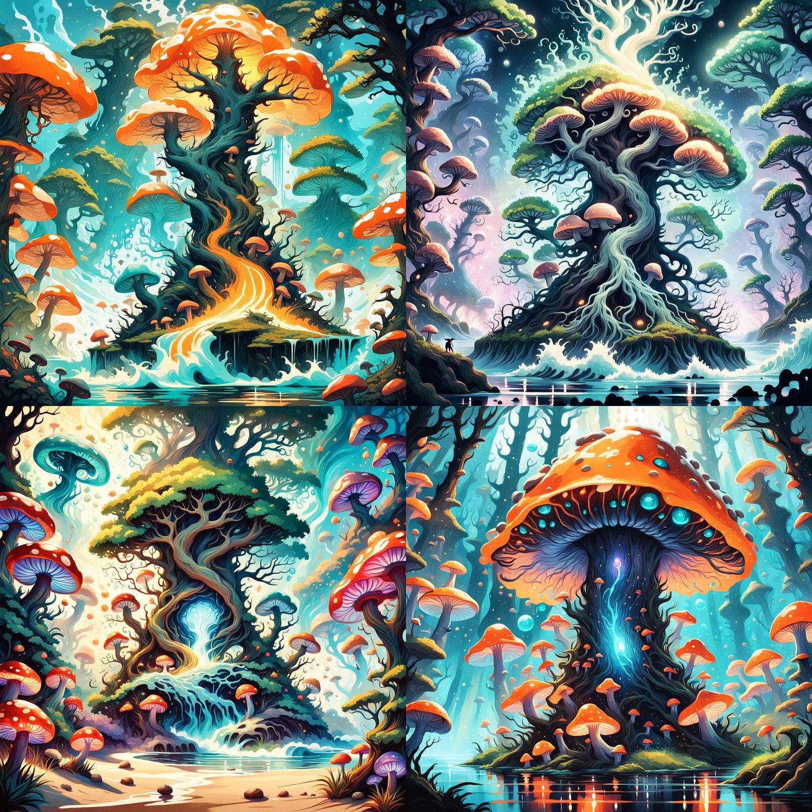 Surreal Landscape with Bioluminescent Flora in Dramatic Ligh...