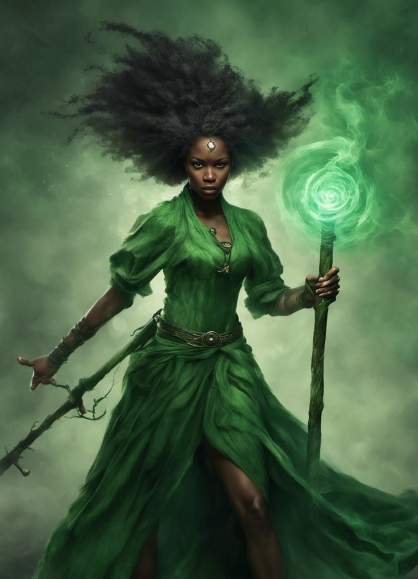 Female Black Human Mage in green 2