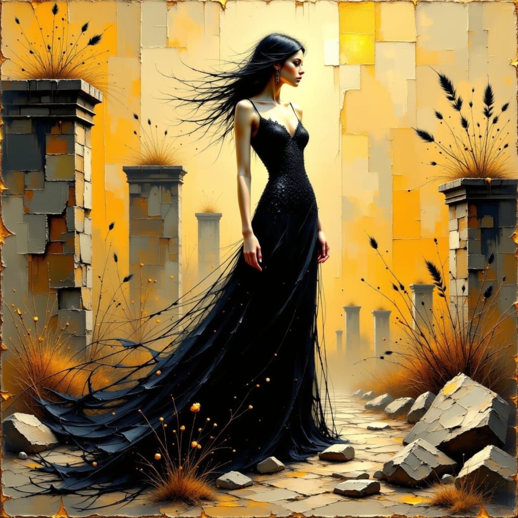 Woman in Ruins: An Impasto Oil Painting