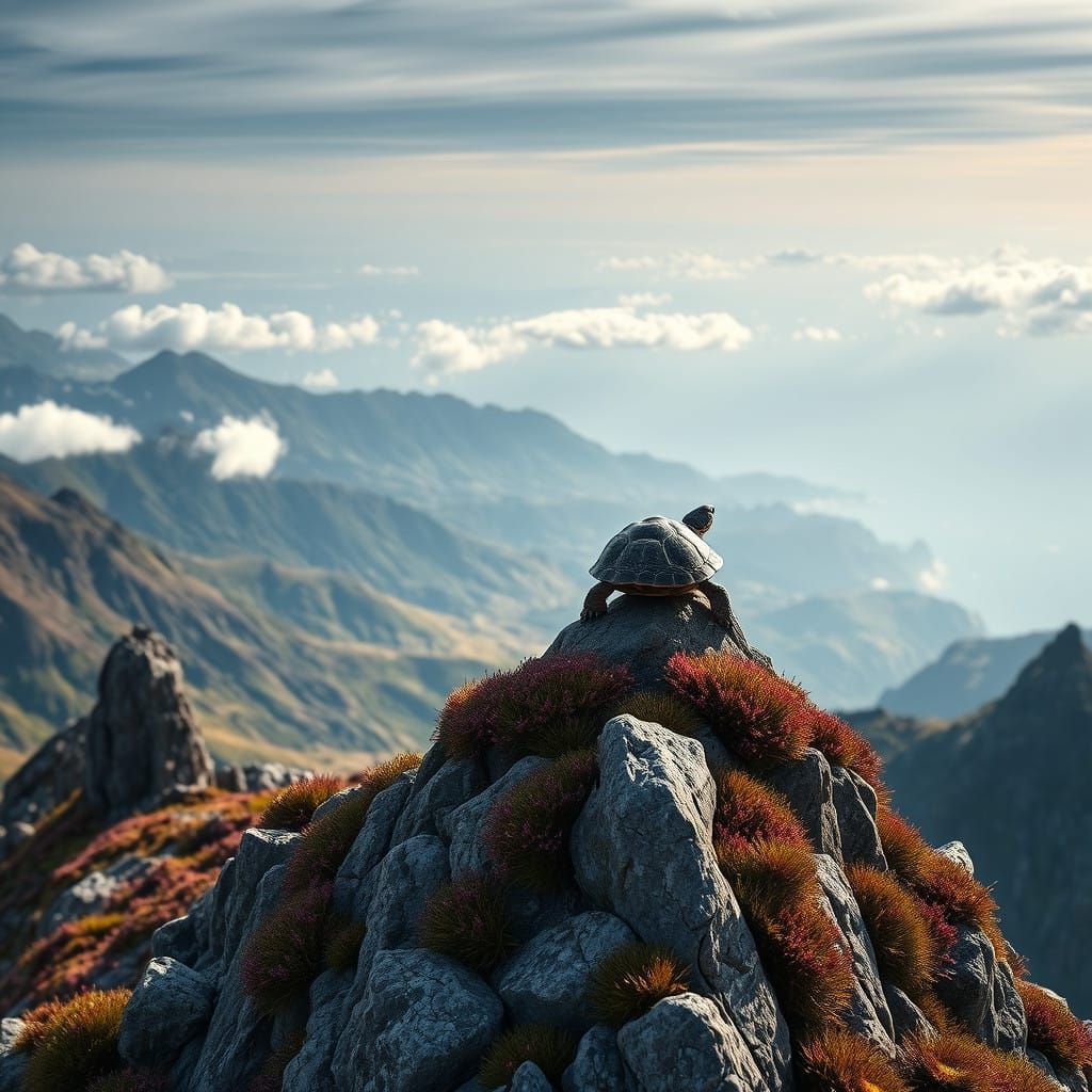 Majestic Turtle Surveys Scotland's Heather-Covered Landscape