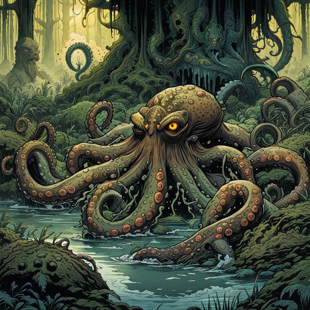 Monstrous Octopus in Swamp: Watercolor Comic Art