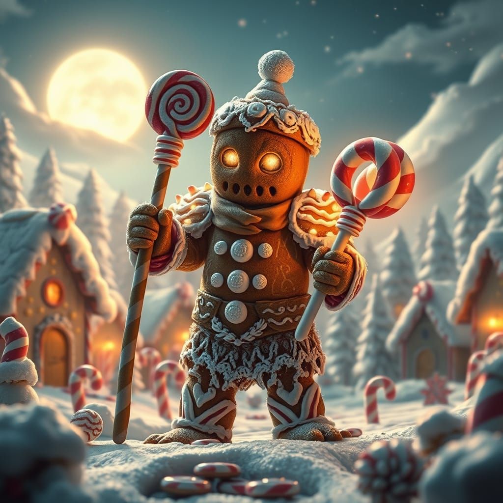 Hyperrealistic Gingerbread Golem in Candy Cane Forest