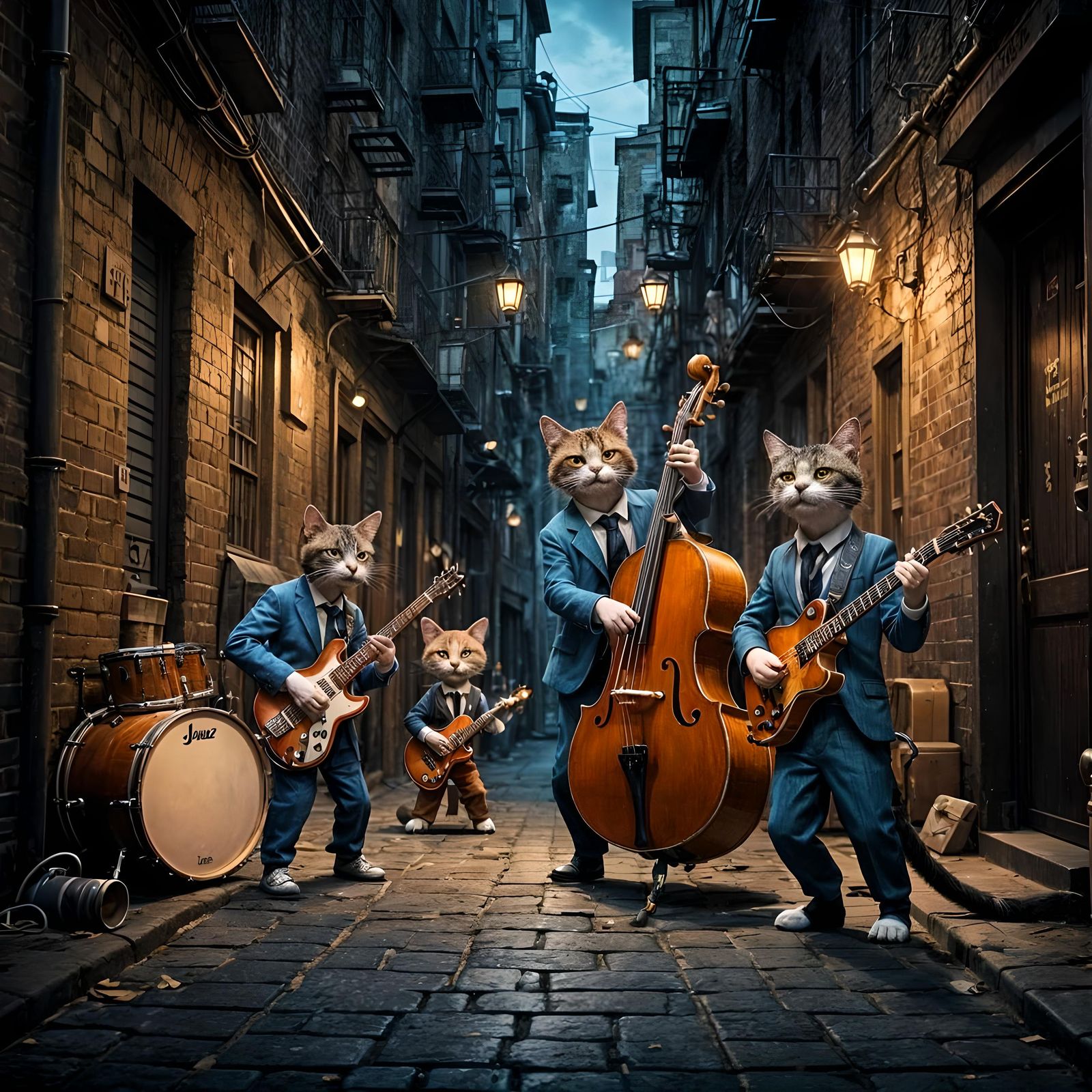 Stray Cats Jazz Band in Alley, CGI Cartoon