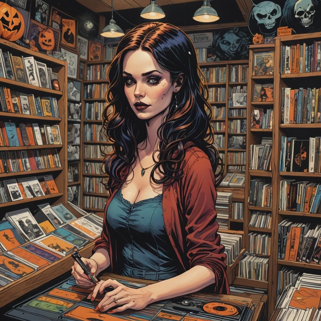 Halloween Woman in Record Store: Colorful Ink Drawing