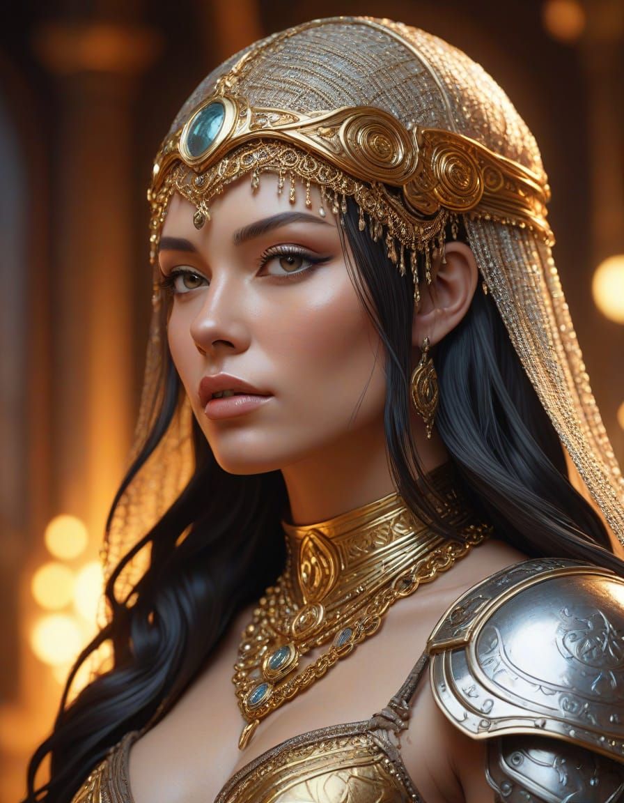 Exotic Female Warrior in Golden Armor, Harem Interior