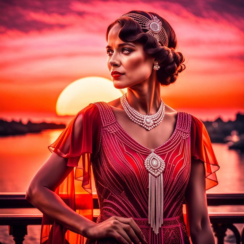 Glamorous Woman in Red Dress at Sunset