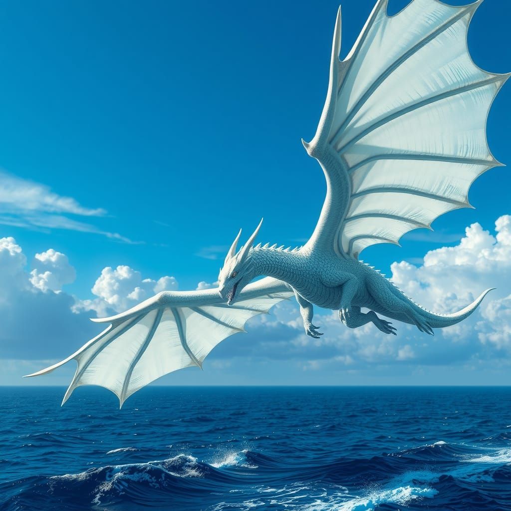 Majestic White Dragon Soaring Under Blue Sky