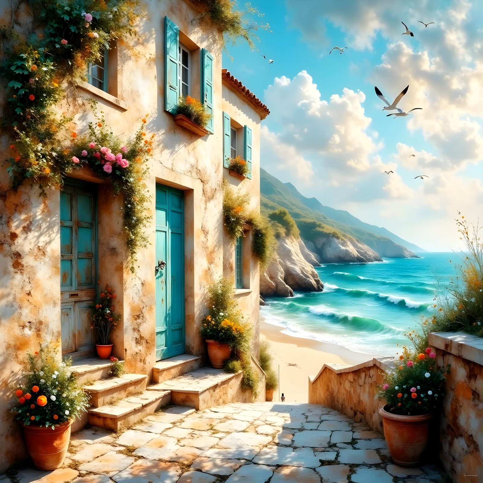 Ethereal Mediterranean Cottage Scene with Turquoise Waves an...