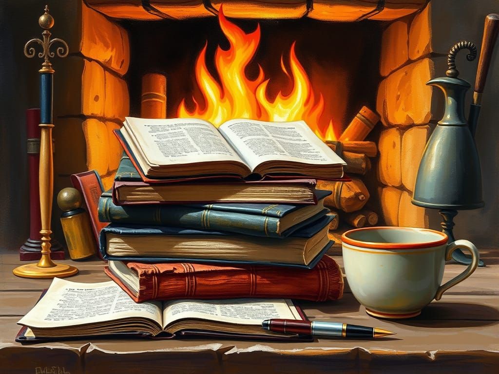 Cozy Study Scene with Painterly Oil and Pastel Illustration