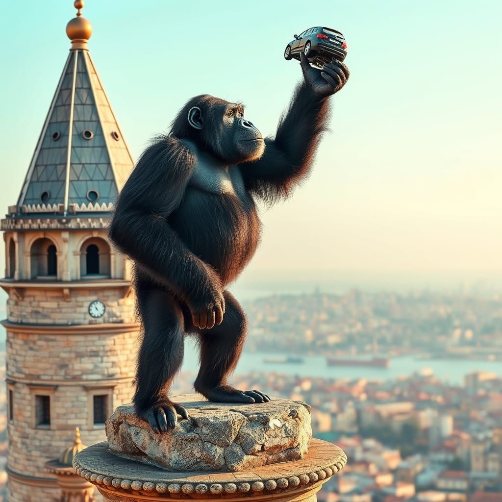 Regal Chimpanzee Dominates Istanbul's Galata Tower in a Surr...