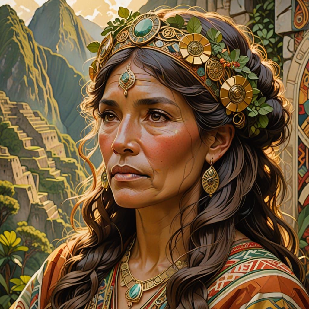 Wise Woman Shares Wisdom at Machu Picchu in Art Nouveau