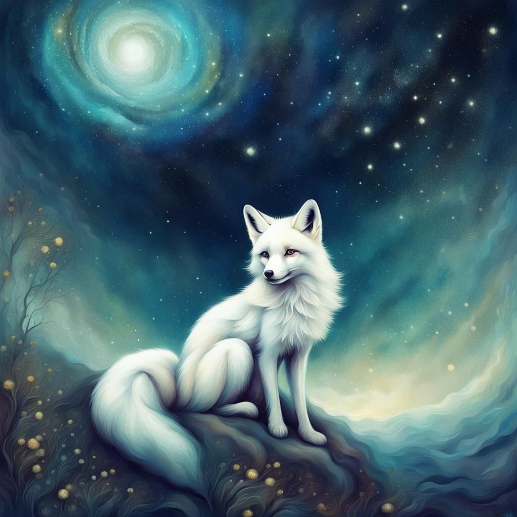 White Fox in Starry Night Landscape