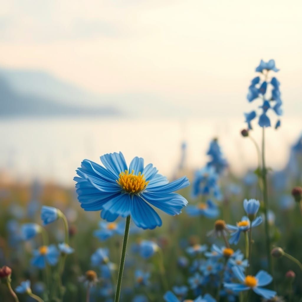 Dreamy Blue Flower Landscape in Soft Focus