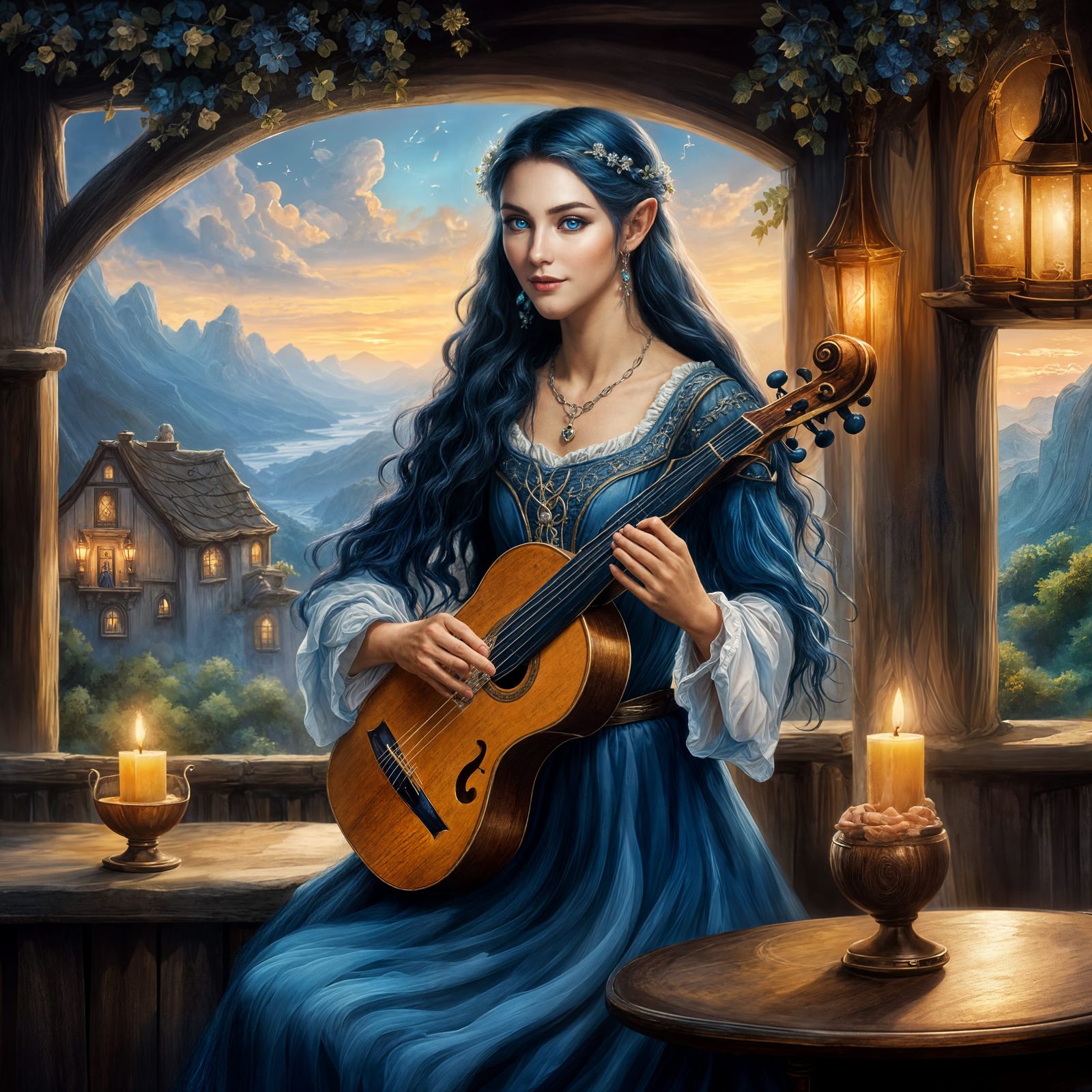 Beautiful Elf Musician in Tavern with Floating Notes