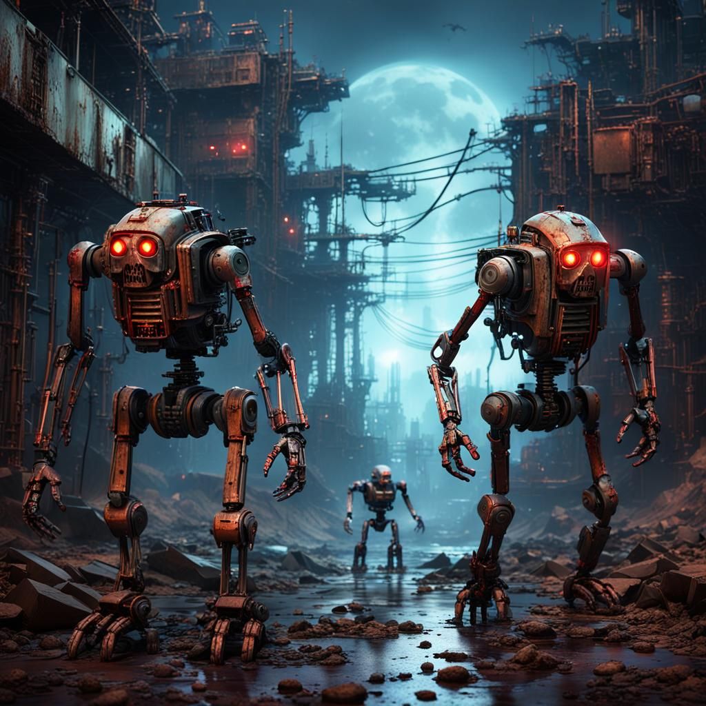 Corroded Zombot in Post-Apocalyptic Landscape