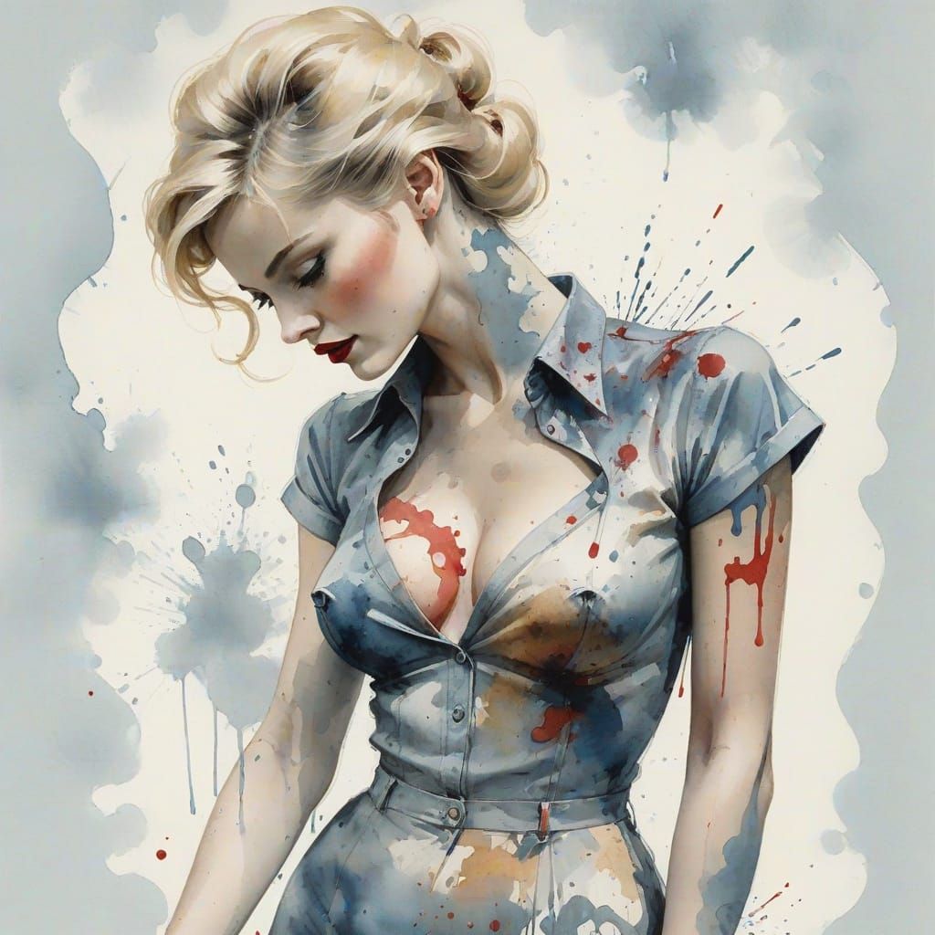 Pin Up Woman in Surreal Watercolor Style