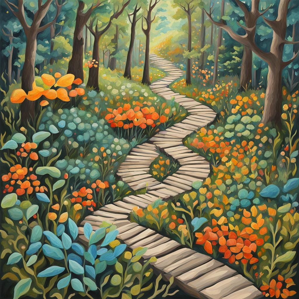 Detailed Gouache Painting of Many Pathways