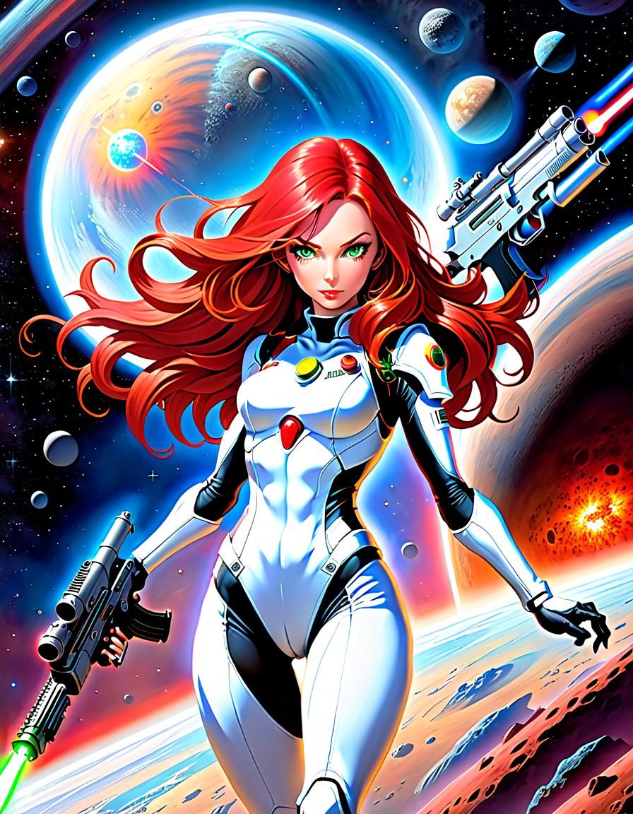 Retro Sci-Fi Girl Fighting Space Monster