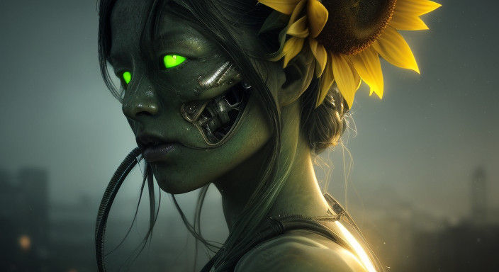 Ethereal Sunflower Goddess in Hyperrealistic Biopunk Style
