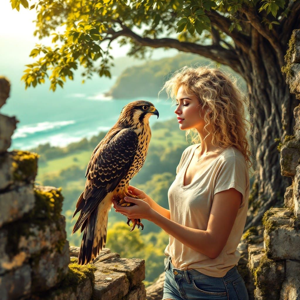 Blonde Beauty Eyeballs a Majestic Peregrine Falcon in Ancien...