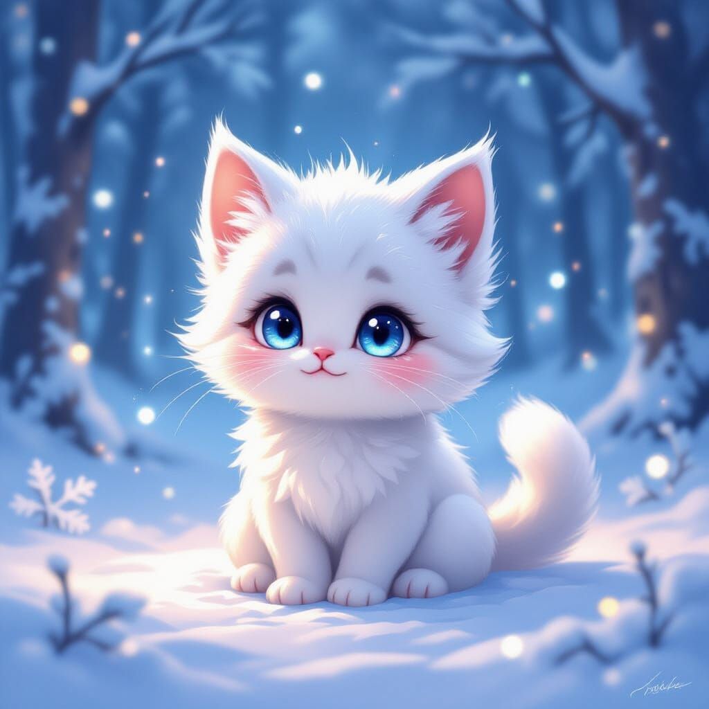 Magical Snow Kitten in Ghibli-Inspired Forest Clearing