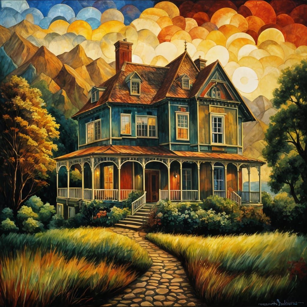 Vintage House Painting with Cubist and Surreal Elements