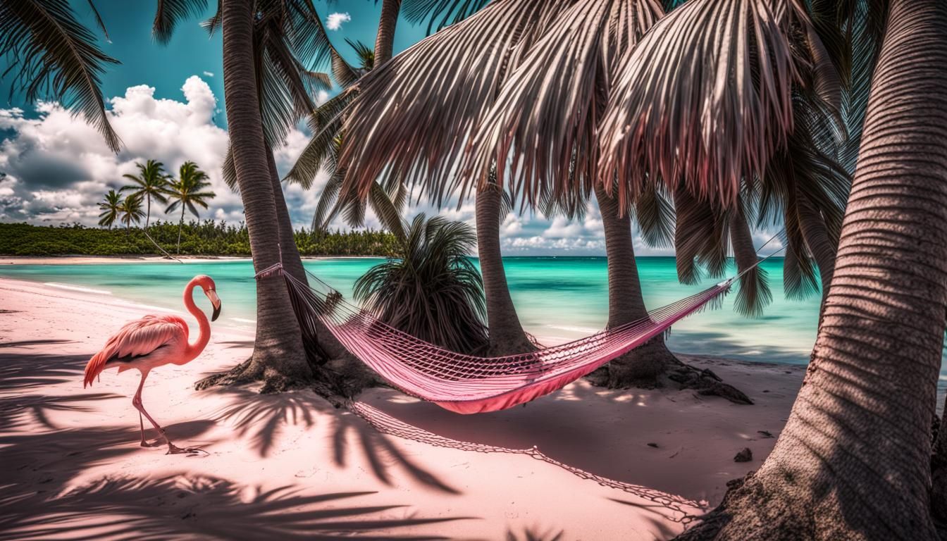 Beautiful anime pink flamingo a hammock between two tall coc...