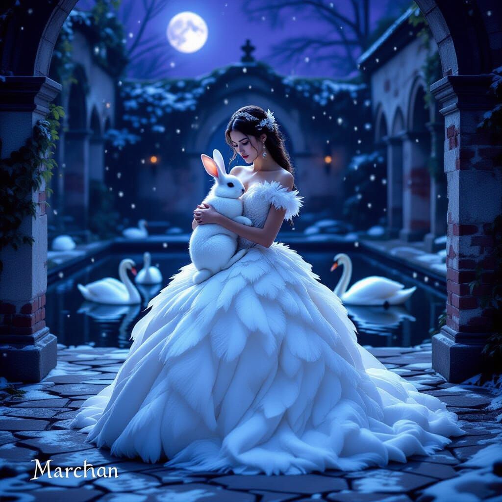 Ethereal Girl with Rabbit in Moonlit Courtyard