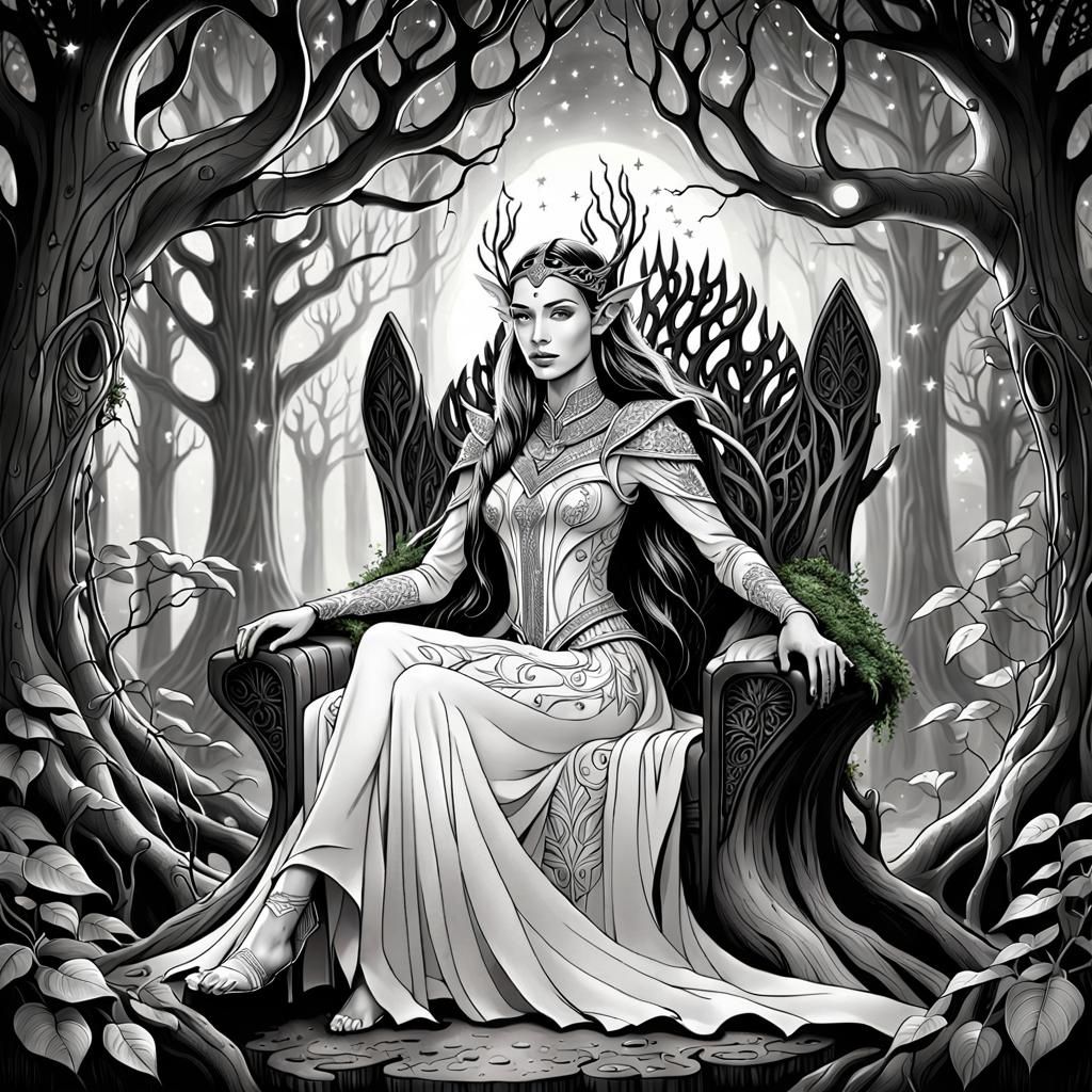 Elven Queen on Root Throne in Magical Forest