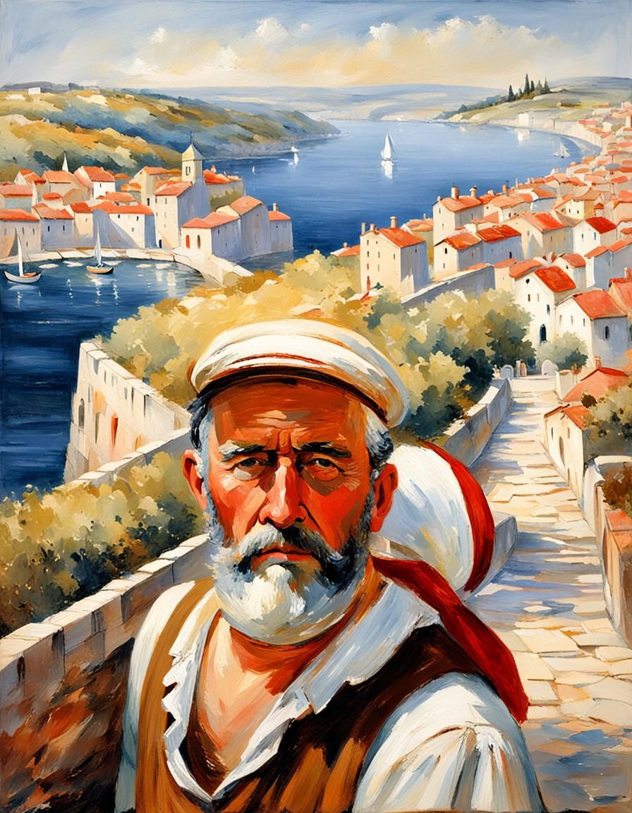 Sailor at Sunset Harbor in Romantic Style