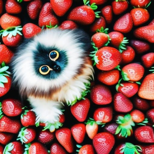 Fluffy Creatures with Enormous Eyes on Strawberries