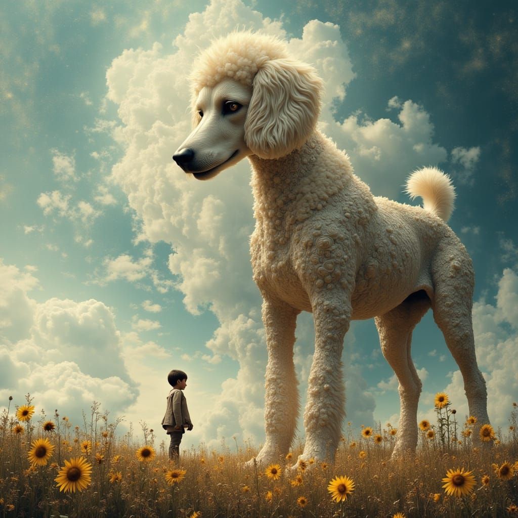 Boy's Awe Before Giant Poodle Under Surreal Snowy Sky